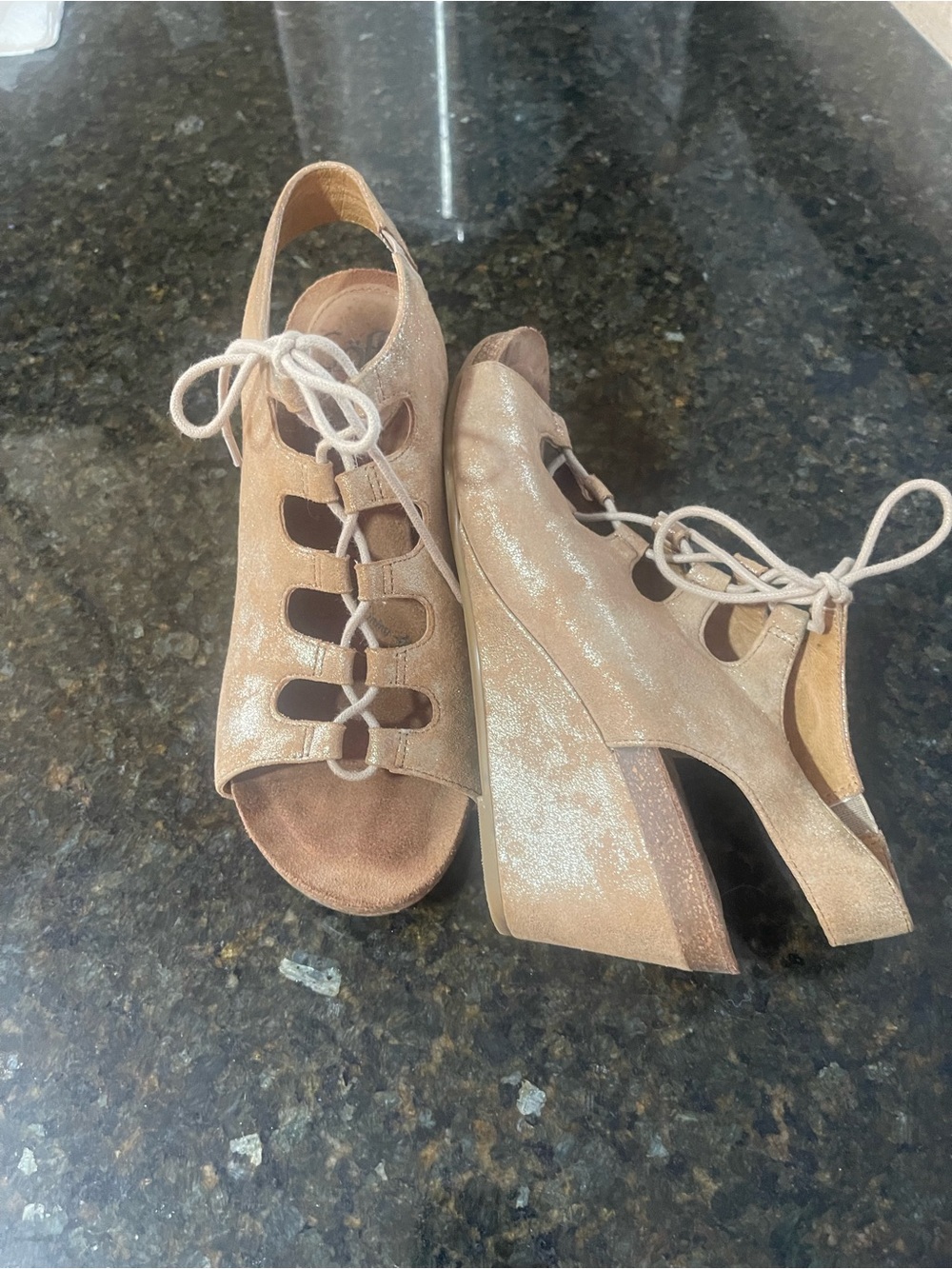 Sofft Shimmery Lace-Up Wedge Sandals in a beautiful tan with gold metallic color